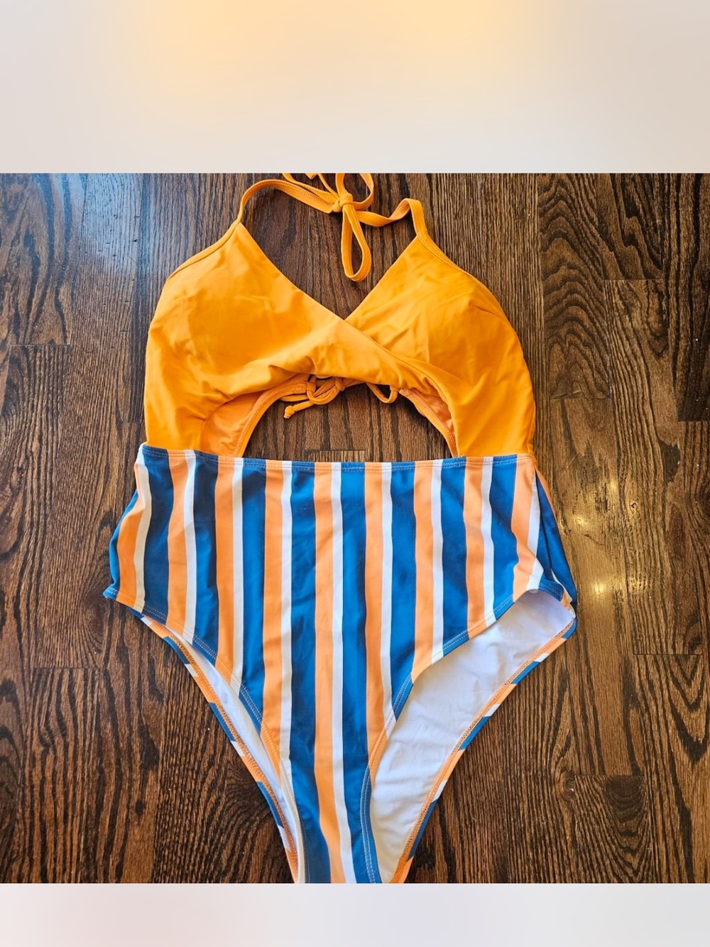 Cupshe Orange Halter One-Piece with Blue & White Stripes